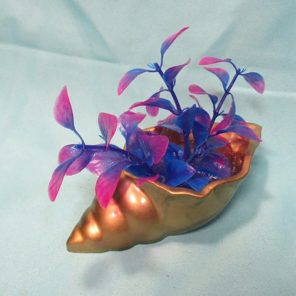 Aquarium Decoration - Gold Long Shell with Pink and Blue Plant.